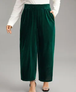 Solid Textured Velvet Elastic Waist Gathered Pants -Clothing Shop 118722035 cz