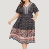 Boho Print Contrast Gathered Pocket Ruffles Dress -Clothing Shop 11893785 is