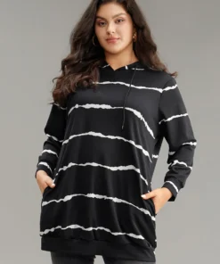 Striped Pocket Hooded Drawstring Sweatshirt