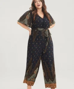 Bandana Print Ruffles Sleeve Belted Wrap Pocket Jumpsuit -Clothing Shop 119421662 ay