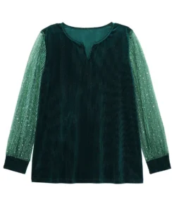 Velvet Patchwork Mesh Sequin Notched T-shirt -Clothing Shop 119596588 sh