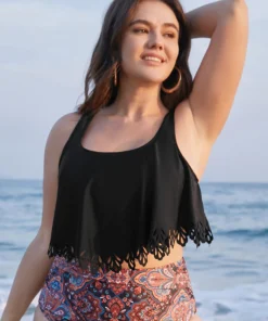 Solid Laser Cut Adjustable Straps Tankini Top