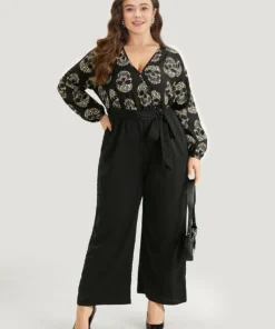 Halloween Skull Print Pocket Elastic Waist Belted Jumpsuit -Clothing Shop 12052145 lo