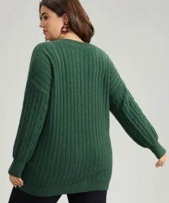 Lurex Cable Knit Plain V Neck Pullover -Clothing Shop 120873038 uk