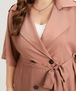 Plain Pocket Button Up Belted Lapel Collar Coat -Clothing Shop 1210845 vi