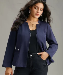 Plain Button Detail Notched Zipper Blazer -Clothing Shop 121132030 ze