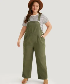 Solid Patched Pocket Pleated Overall Jeans