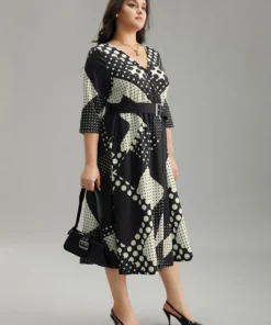 Polka Dot Geometric Print Belted Wrap Dress -Clothing Shop 122144740 gc