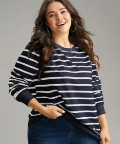 Rib Knit Striped Round Neck Sweatshirt -Clothing Shop 122325693 qx