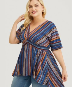 Striped Contrast Shirred Wrap High Low Hem Pocket Blouse -Clothing Shop 122576656 rd d9dff1b1 0c80 4956 aa85 ed7543b84658