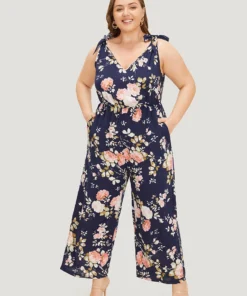 Floral Belt Pocket Knot Shoulder Jumpsuit -Clothing Shop 122593867 ha