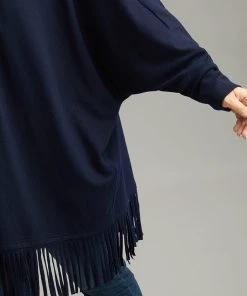 Plain Fringe Hem Fuzzy Trim Kimono -Clothing Shop 122750018 qu