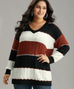 Colorblock Contrast Hollow Out Drop Shoulder Pullover