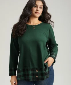 Plaid Patchwork Button Detail Curved Hem Sweatshirt -Clothing Shop 123075963 sy