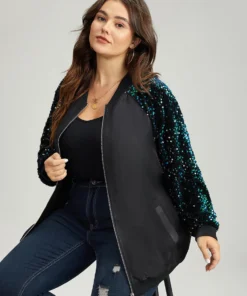 Sequin Detail Patchwork Pocket Jacket -Clothing Shop 12410964 za