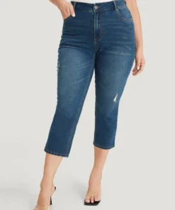 Very Stretchy High Rise Medium Wash Ripped Detail Cropped Jeans
