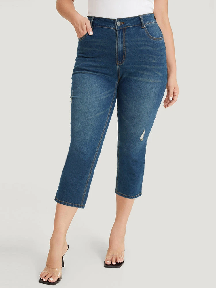 Very Stretchy High Rise Medium Wash Ripped Detail Cropped Jeans 3 Very Stretchy High Rise Medium Wash Ripped Detail Cropped Jeans