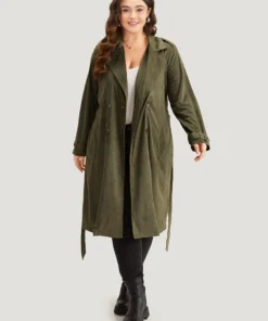 Plain Lapel Collar Pocket Belted Faux Suede Coat -Clothing Shop 124686545 qj