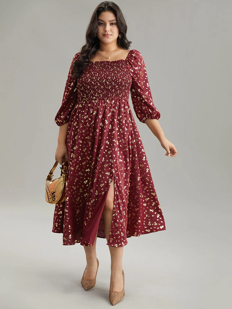 Glitter Square Neck Shirred Split Front Frill Trim Dress 4 Glitter Square Neck Shirred Split Front Frill Trim Dress - Image 2