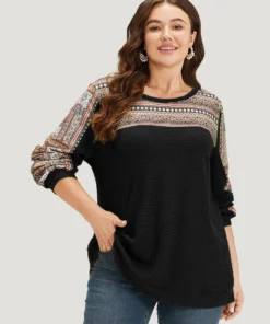 Boho Print Patchwork Waffle Knit Crew Neck Sweatshirt -Clothing Shop 124934742 se e480ab3c 6809 48d4 825c b0a76fe6b2d4