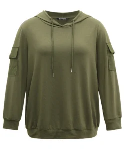 Solid Flap Pocket Hooded Drawstring Sweatshirt -Clothing Shop 125022246 vs