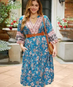 Floral Print Notched Lantern Sleeve Contrast Dress -Clothing Shop 125640851 qt