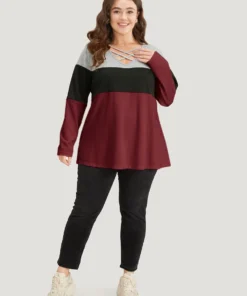 Colorblock Contrast Crisscross V Neck Sweatshirt -Clothing Shop 126449901 zh