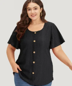 Embroidered Button Detail Crew Neck Flutter Sleeve T-shirt -Clothing Shop 126670869 pm 4d7eb895 b112 4f00 976f 06a8cf63e8ad