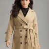 Plain Double Breasted Lapel Collar Belted Trench Coat -Clothing Shop 126761945 tu