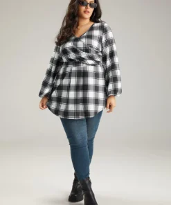 Plaid Curved Hem Lantern Sleeve T-shirt -Clothing Shop 126992819 jr