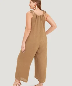 Plain Textured Pocket Halter Tie Overall Jumpsuit -Clothing Shop 127137677 bv