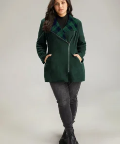 Plaid Patchwork Lapel Collar Zipper Coat -Clothing Shop 127219061 jc