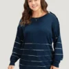 Striped Metal Button Detail Elastic Cuffs Pullover -Clothing Shop 1272969 pv