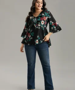 Floral Knot Twist Front Ruffle Sleeve Blouse -Clothing Shop 127424655 tj