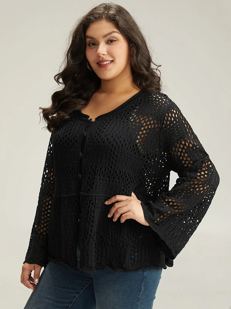 Plain Hollow Out Button Through Bell Sleeve Cardigan 16 Plain Hollow Out Button Through Bell Sleeve Cardigan - Image 14