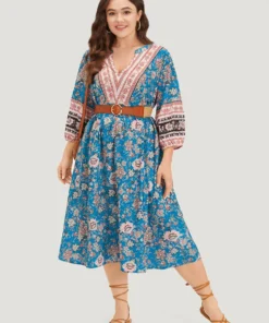 Floral Print Notched Lantern Sleeve Contrast Dress -Clothing Shop 127552023 oe
