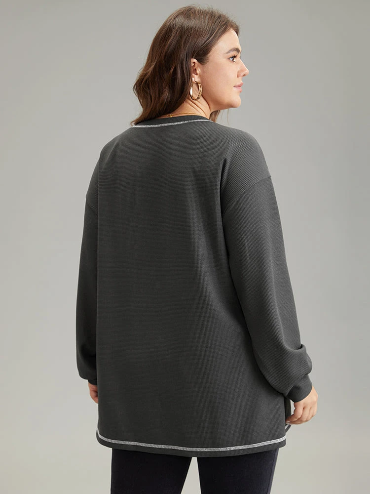 Contrast Stitch Waffle Knit Curved Hem T-shirt 4 Contrast Stitch Waffle Knit Curved Hem T-shirt - Image 2