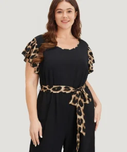 Leopard Patchwork Pocket Belted Ruffle Sleeve Jumpsuit 21 Leopard Patchwork Pocket Belted Ruffle Sleeve Jumpsuit -Clothing Shop 128648104 wm