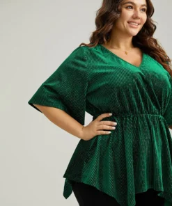 Velvet Elastic Waist Ruffle Sleeve Hanky Hem Blouse -Clothing Shop 128764058 vp