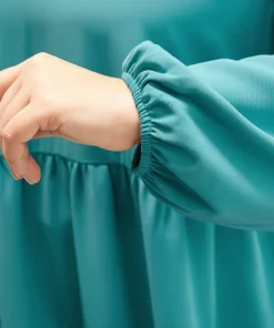 Solid V Neck Lantern Sleeve Ruffle Hem Blouse Without Belt -Clothing Shop 128899528 nt