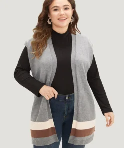 Colorblock Contrast Sleeveless Open Front Tunic Cardigan