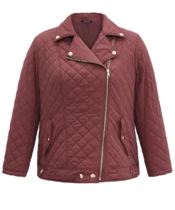 Zipper Fly Quilted Button Detail Lapel Collar Jacket -Clothing Shop 130840688 lk