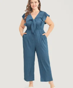 Solid Textured Ruffle Trim Cap Sleeve Pocket Knotted Jumpsuit