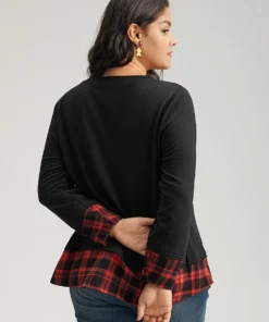 Plaid Patchwork Button Detail Curved Hem Sweatshirt -Clothing Shop 131673495 md