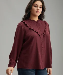 Stand Collar Solid Gathered Frill Trim Blouse -Clothing Shop 132355695 ro