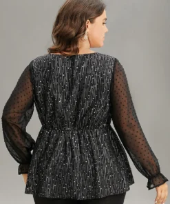 Plain Textured Glitter Patchwork Square Neck Blouse -Clothing Shop 132494490 ln