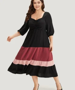 Colorblock Contrast Layered Hem Ruched Dress