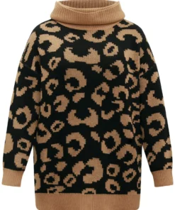 Leopard Contrast Jacquard Turtleneck Pullover -Clothing Shop 132912271 gc