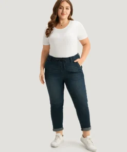 Plain Drawstring Front Roll Hem Jeans -Clothing Shop 13298908 mg