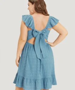 Plain Ruffles Pocket Bowknot Elastic Waist Sleeveless Dress